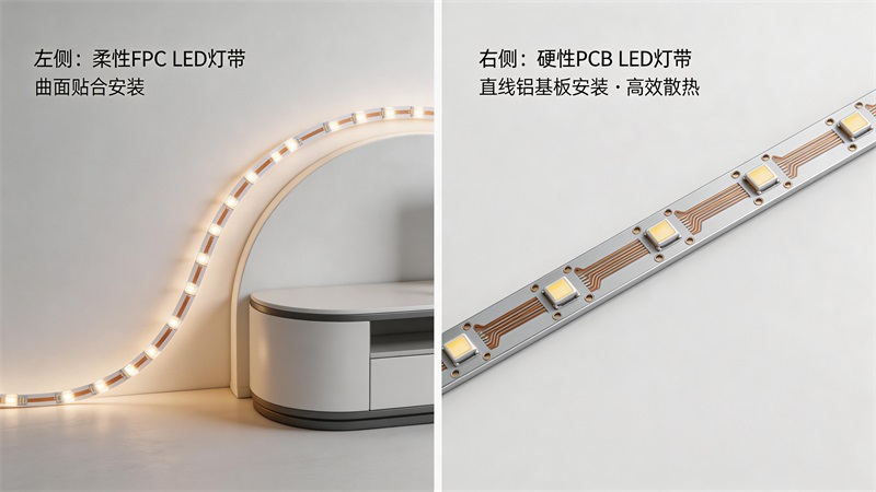 jimeng-2026-03-18-7246-3D產品展示圖，一張圖片中間隔開，分左右兩部分。左側柔性FPC LED燈帶彎曲貼....JPG