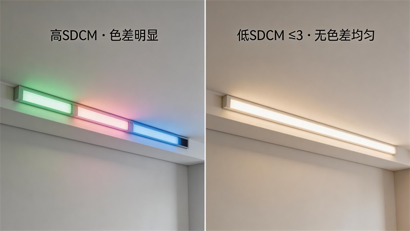 對(duì)比畫(huà)面,左右分屏結(jié)構(gòu),左側(cè)為高SDCM燈帶照明效果,LED燈帶出現(xiàn)明顯色差,不....JPG 對(duì)比畫(huà)面,左右分屏結(jié)構(gòu),左側(cè)為高SDCM燈帶照明效果,LED燈帶出現(xiàn)明顯色差,不....JPG