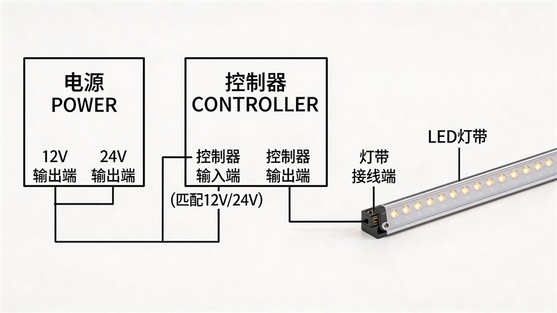 jimeng-2026-03-27-8338-LED燈帶電源與控制器連接示意圖 標注12V 24V電壓匹配 控制器與燈帶連接方....JPG