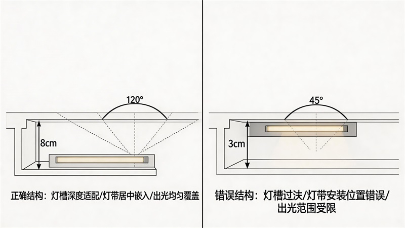 jimeng-2026-03-23-7800-燈帶安裝結(jié)構(gòu)剖面示意圖，展示燈槽深度、燈帶位置、出光角度，正確與錯誤結(jié)構(gòu)對比，包....JPG